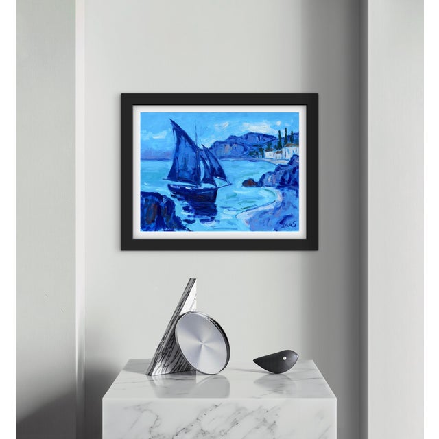 Blue Harbor Voyage – Original Oil Painting Sailboat Coastal Landscape For Sale - Image 4 of 6