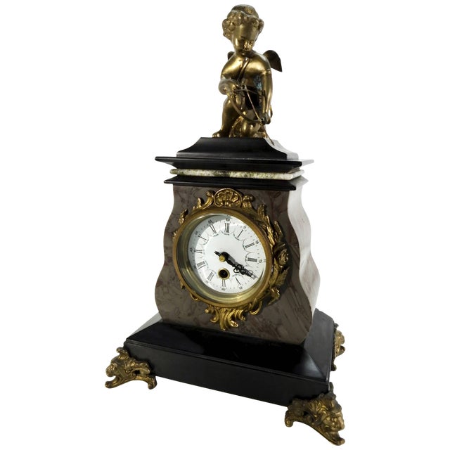 20th Century French Marble Clock With Bronze Cherub For Sale
