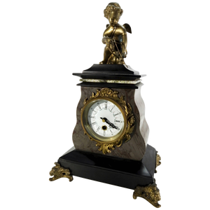 20th Century French Marble Clock With Bronze Cherub