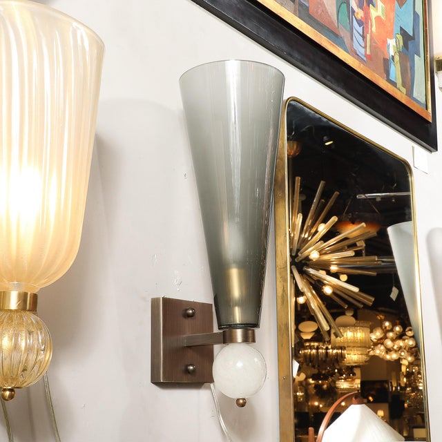 Modernist Hand-Blown Smoked Gray Murano Glass Conical Sconces With Orbital Drop For Sale In New York - Image 6 of 15