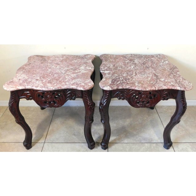 Auburn Pair Vintage Chinese Carved Rosewood Pink Marble Top Side/End Tables For Sale - Image 8 of 8