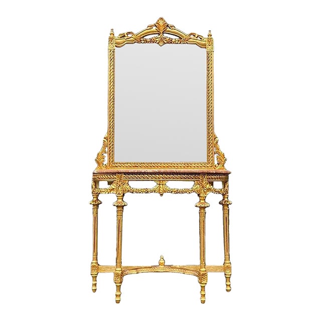 Mid 20th C French Louis XVI Gold Console & Mirror Set of 2 For Sale