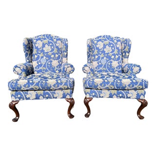 Late 20th Century Blue Floral Henredon Custom Folio Collection Down Cushion Wingback Chairs - a Pair For Sale