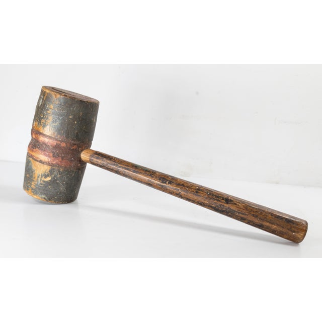 19th or 20th Century Rustic Primitive Folk Art Red and Blue Painted Wood Mallet For Sale - Image 4 of 10