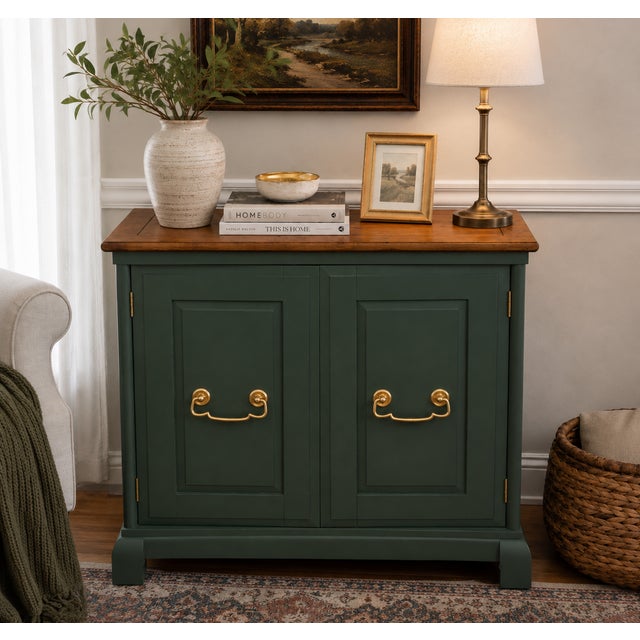 This solid wood cabinet has been thoughtfully refinished in a sophisticated olive green satin finish and paired with a...