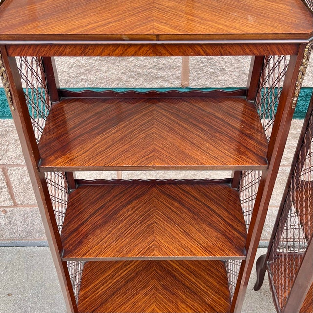 Vintage French Etagere Bookcases With Brass Lattice Sides and Gallery Railing - A Pair For Sale In Chicago - Image 6 of 7