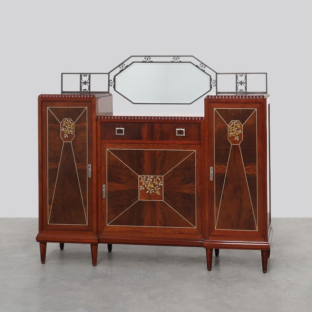 Art Deco Marquetry Cabinet with Wrought Iron Mirror Crest, Belgium, 1920s For Sale - Image 17 of 17