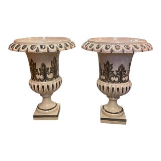 Vintage Neoclassical Style Ceramic Pedestal Urns - Pair For Sale