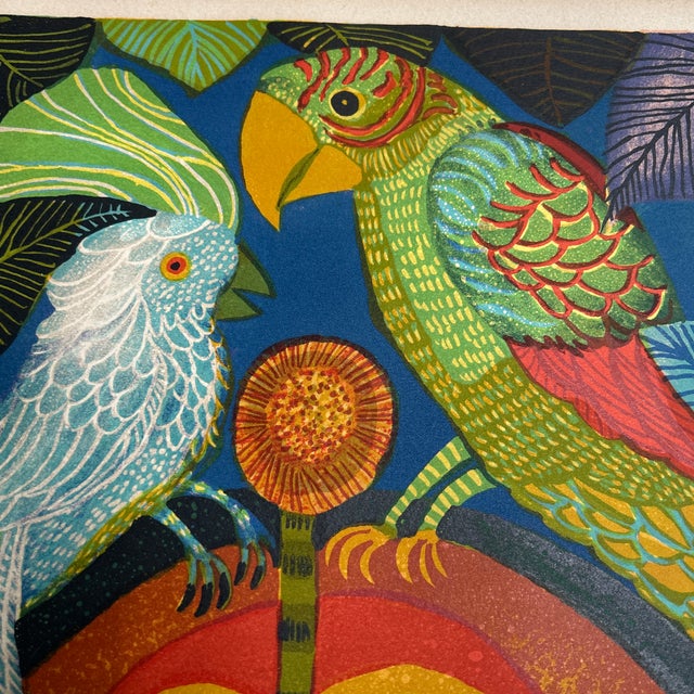 1970’s Original Folk Art “Parrot & Cockatiel” Lithograph For Sale - Image 4 of 7