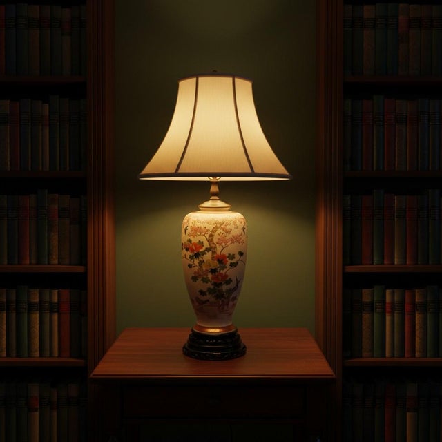 Vintage Satsuma Style Porcelain Table Lamp-Floral-Birds-Crackle Glaze-Wood Base For Sale - Image 4 of 10