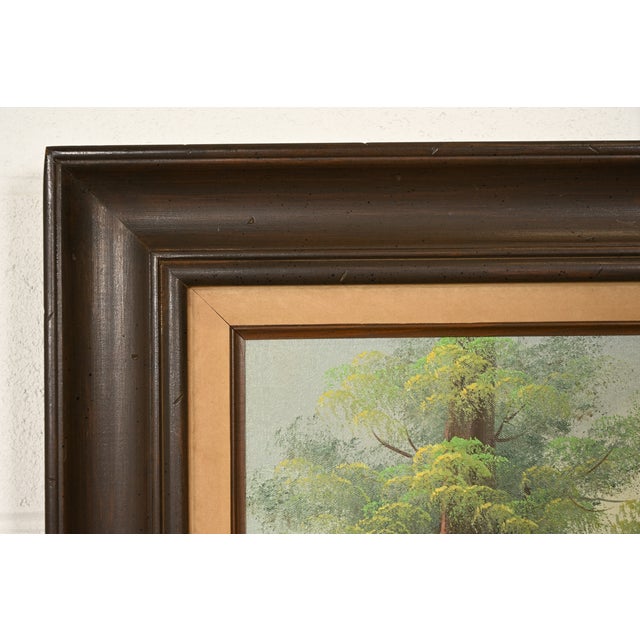 Bob Ross Style Original Signed Lakeside Mountain Landscape Oil Painting in Carved Wood Frame For Sale - Image 10 of 16