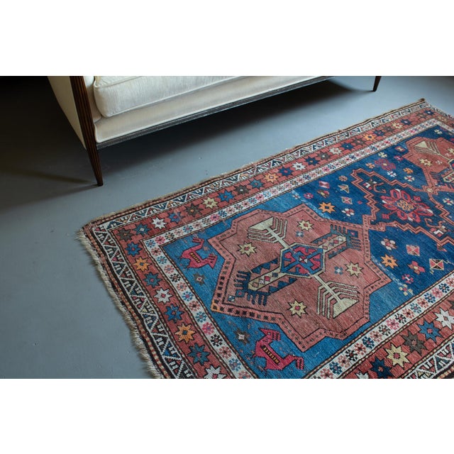 Art Deco Antique 1920s Armenian Medallion Geometric Floral Abrash Light Blue Orange Terracotta - 3’9” X 6'10" For Sale - Image 3 of 11