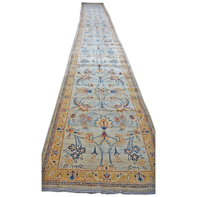 Persian Sultanabad Wool 3x25 Light Blue, Ivory & Gold Handmade Runner Rug #1141320