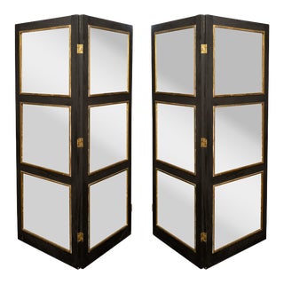 Large 1940's French Black and Gilt Screens 'Paravent' with Glass Panels - A Pair For Sale