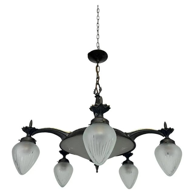 Vintage Cubist Bronze Chandelier, 1930s For Sale - Image 11 of 11