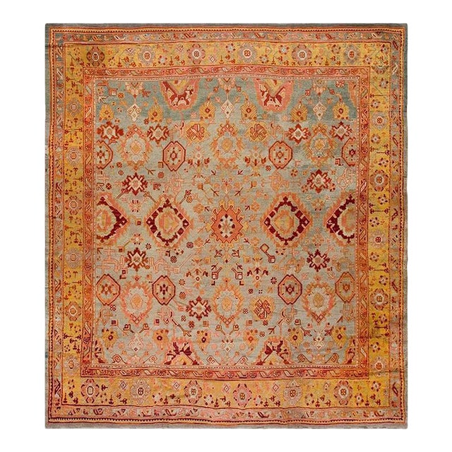 Tribal Large Scale Pattern Light Blue Seafoam Color Antique Turkish Oushak Rug For Sale