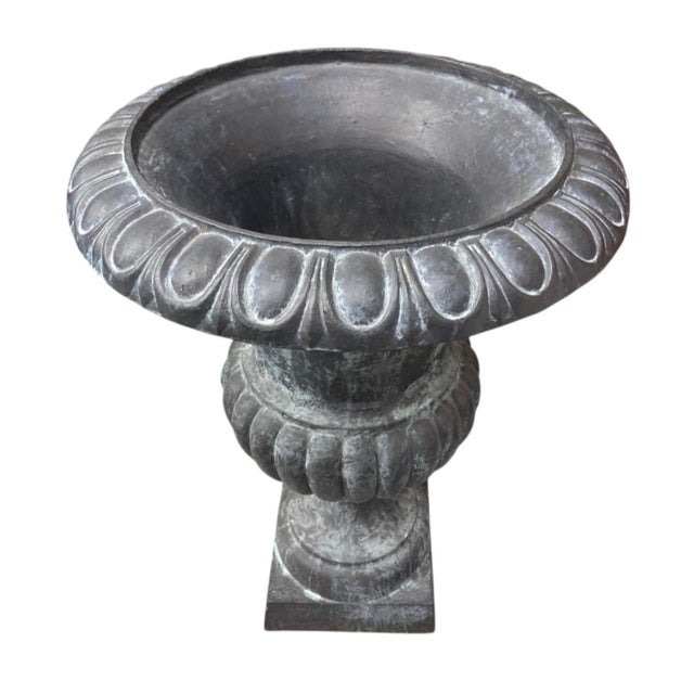 2000 - 2009 Classic Neoclassical Cast Iron Garden Urn With Distressed Bronze Finish For Sale - Image 5 of 12