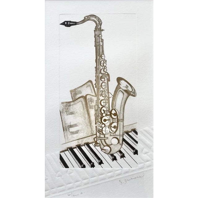 Francine Desbiens “Saxophone” Signed & Framed Embossed Etching Print For Sale - Image 4 of 11