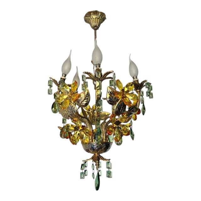 Vintage Hand-Painted Floral Crystal Chandelier | Amber & Green Glass Flowers | Classic Brass Ceiling Light | Restored Antique Lighting For Sale