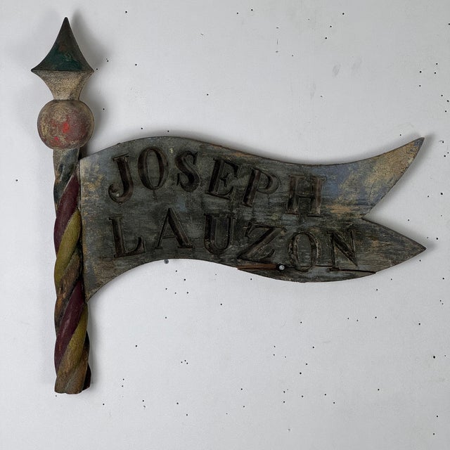 French Late 19th Century Rare & Unusual Pair of French Hand Painted and Carved Wood Trade Sign in Form of Pole & Flag For Sale - Image 3 of 16