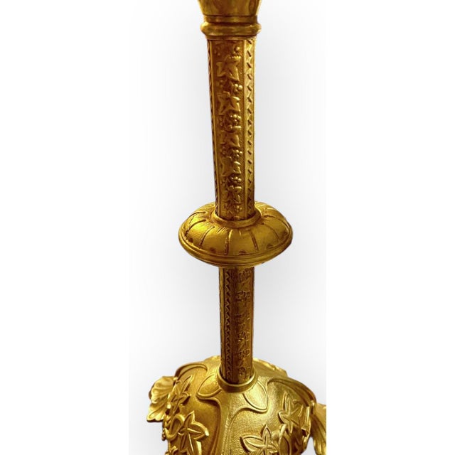 Pr. Antique French Art Nouveau Gilt Brass Alter Candlesticks For Sale - Image 10 of 17