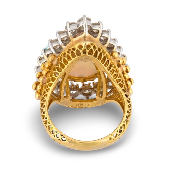 Vintage Opal Diamond 18k Yellow Gold Cocktail Ring, Size 6 For Sale In Los Angeles - Image 6 of 6