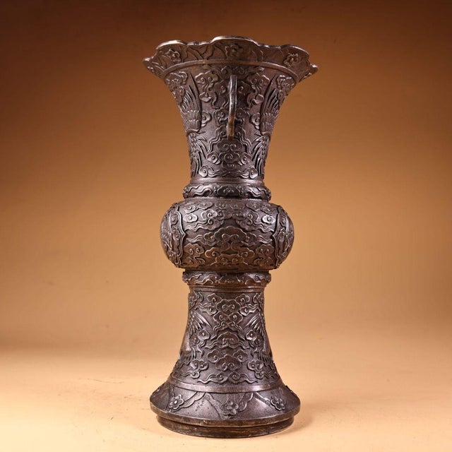 Late 20th Century Bronze Vase With Silver-Inlaid Crane Motif - Altar Flower Vase For Sale - Image 5 of 10