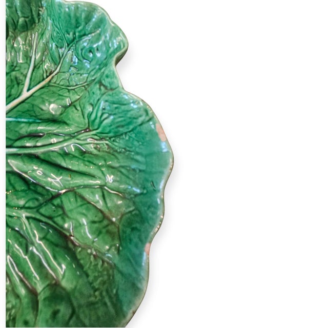 Rustic European 1950s Bordallo Pinheiro Portugal Cabbage Leaf Majolica Style Green Platter/Bowl For Sale - Image 3 of 3