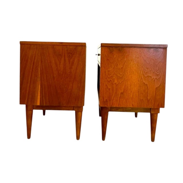 Vintage Mid-Century Modern End Table Set With Diamond Parquet Accent Inlay and Dovetailed Drawers For Sale - Image 9 of 11