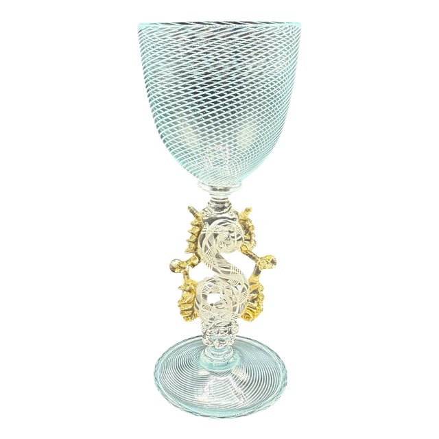 Hand Blown Murano Glass Goblet with Reticello Decoration and Gold Ornaments For Sale