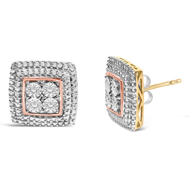 This stunning square-shaped stud earrings are made with an assortment of 10k yellow, white, and rose-gold plated sterling...