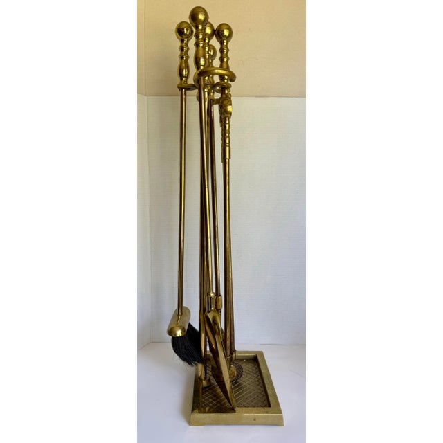 Brass Vintage Brass Five-Piece Fireplace Tool Set With Ball Finial Handles For Sale - Image 8 of 12