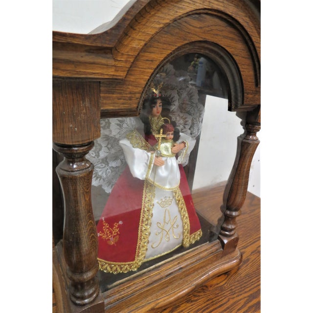 French Turn of the Century French Wax Madonna and Child in Oak and Glass Case For Sale - Image 3 of 9