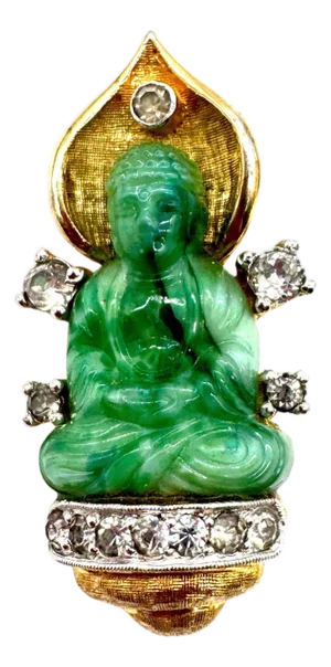 Faux Jade Buddha Pin With Rhinestones, Style of Cartier Travel Jewelry, 1950s