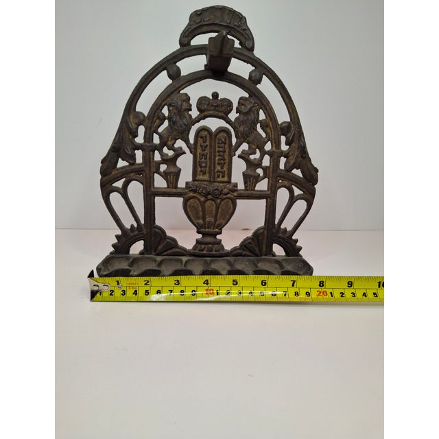 Late 19th Century Antique 19thC Polish Brass Bench Menorah Hanukkah Lamp Lions Crown Decalogue For Sale - Image 5 of 15