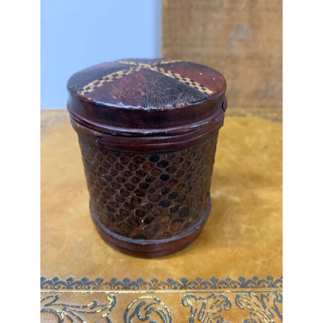 Pair of 1940s Vintage Decorated Leather Tobacco Tins For Sale - Image 4 of 6