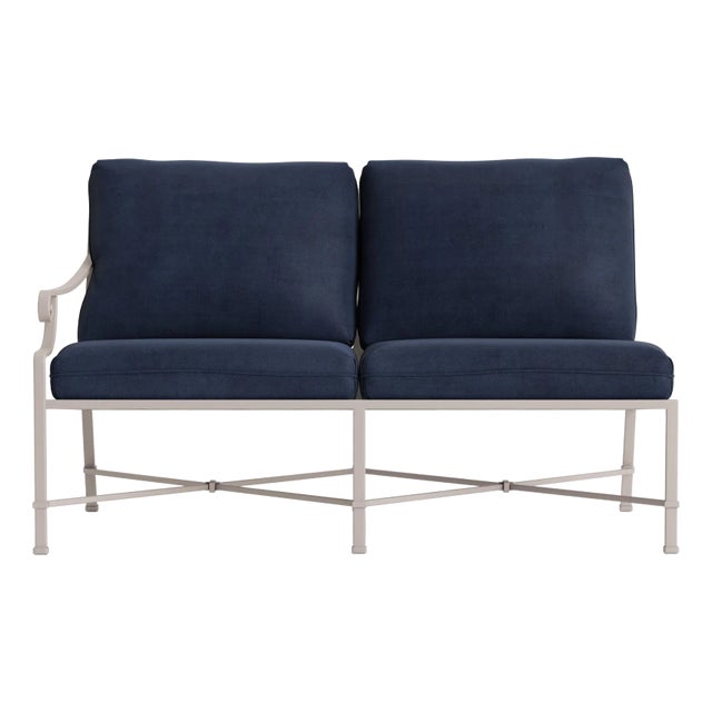 Brown Jordan Venetian Left Arm Loveseat, Dove frame with Fusion Neptune fabric For Sale