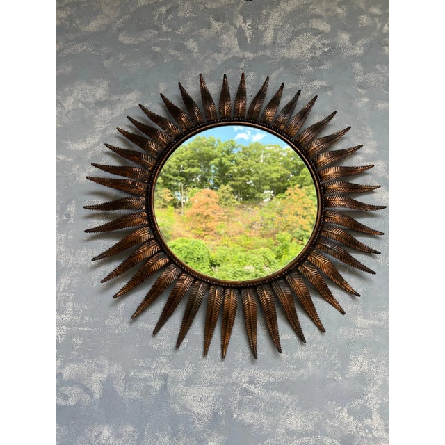 Large Spanish Round Mid Century Modern Copper Plated Sunburst Mirror For Sale - Image 10 of 10