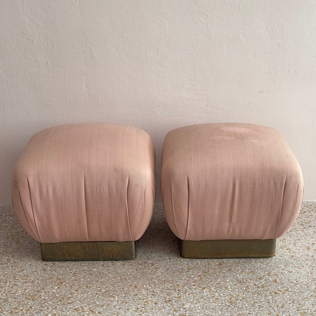 Marge Carson Blush-Upholstered Brass-Based Soufflé Ottoman Poufs by Marge Carson Circa 1986 - A Pair For Sale - Image 4 of 12
