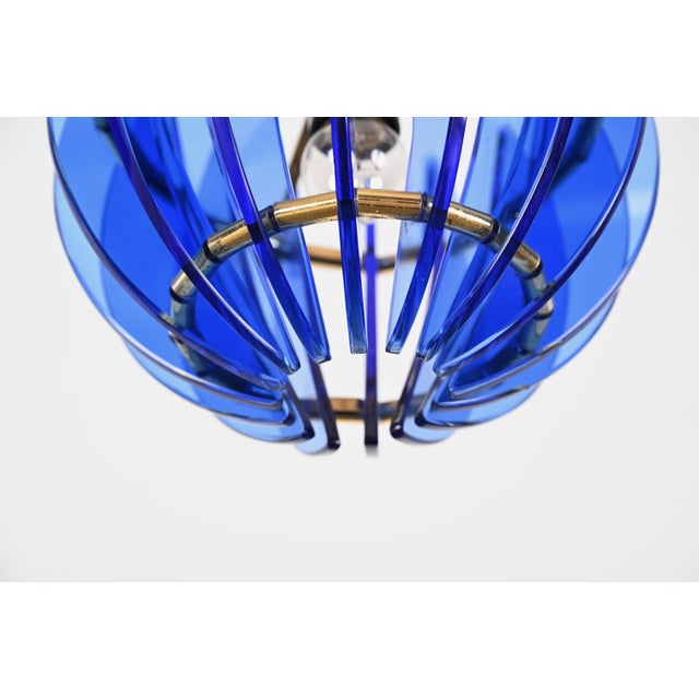 Mid-Century Italian Blue Glass and Brass Pendant attributed to Galvorame, Italy, 1960s For Sale - Image 13 of 17