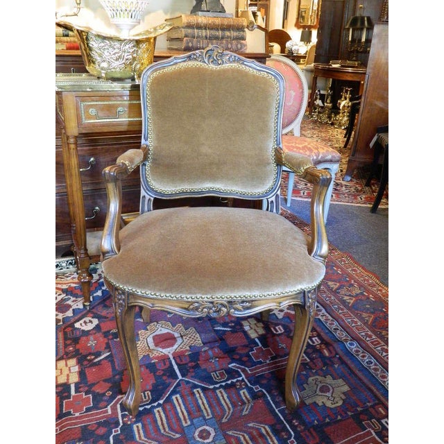 Louis XV Style Carved Arm Chair Upholstered in Mohair, Early 20th
