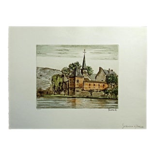 Roger Hebbelinck Hand Signed Vintage Aquatint Etching European Building For Sale