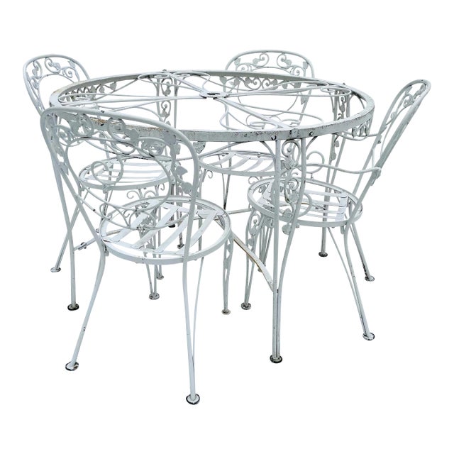 Vintage Victorian Style Chantilly Rose Pattern Wrought Iron Patio Table Base & 4 Chairs For Sale