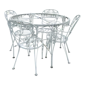 Vintage Victorian Style Chantilly Rose Pattern Wrought Iron Patio Table Base & 4 Chairs