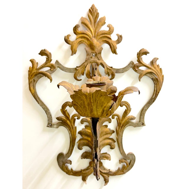 Large Pair Venetian Gilt & Polychromed Tole Candle Sconces Italy, circa 1890s For Sale - Image 17 of 18