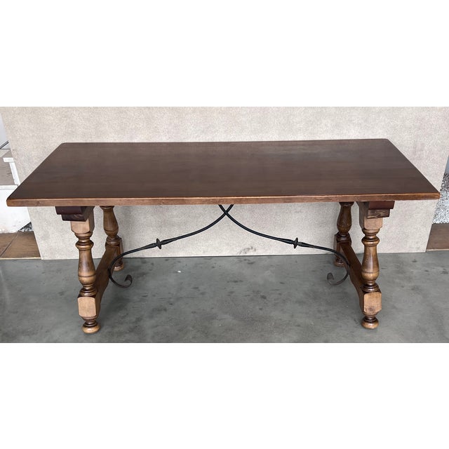 Late 19th Spanish Walnut Dining Fratino Table With Iron Stretcher For Sale - Image 4 of 11
