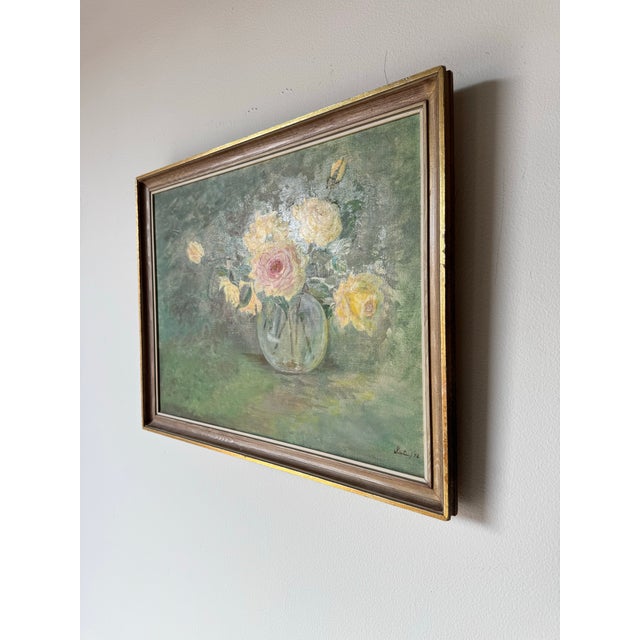 1970's Vintage Sister Still Life W/ Flowers on Vase Oil on Canvas Painting For Sale - Image 4 of 10