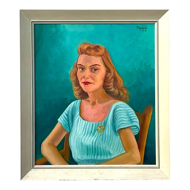 Vintage Boho 1952 Original Oil Portrait on Canvas For Sale