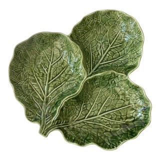 Green Cabbage Leaf 3 Part Serving Platter Made in Portugal For Sale