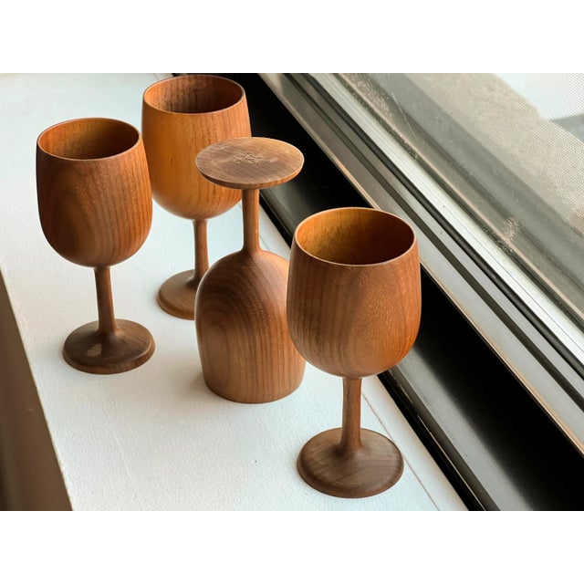 1970s Signed Hand-Turned Wooden Goblets- Set of 4 For Sale - Image 9 of 11